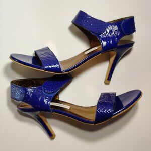 Cynthia Vincent Strappy Open Toe Heel Pumps Faux Reptile Skin Patent Leather